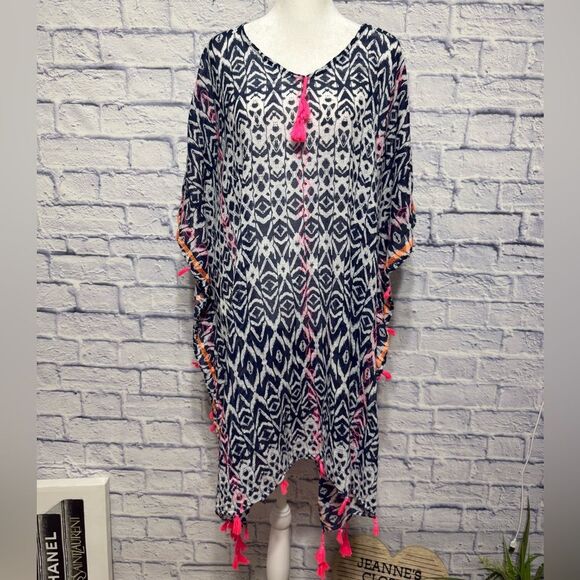 Izzy & Liv Navy & Pink Swim Cover Up One Size cotton Vacay/Cruise/Pool - Picture 1 of 14